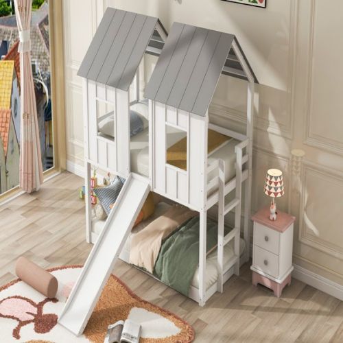 Double Decker Bunk Bed With Slide And Window, White, Prohibited Platform Temu