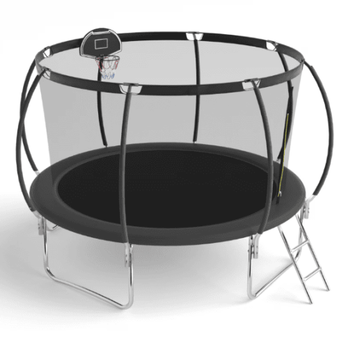 12 FT TRAMPOLINE BLACK PUMPKIN-STYLE SAFETY NET WITH BASKETBALL HOOP 12 FT TRAMPOLINE BLACK PUMPKIN-STYLE SAFETY NET WITH BASKETBALL HOOP